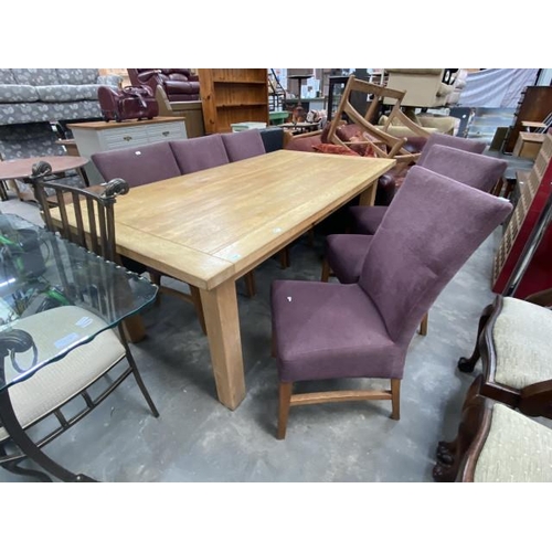 204 - Solid oak farmhouse dining table 78H 190W 100D and 6 upholstered chairs