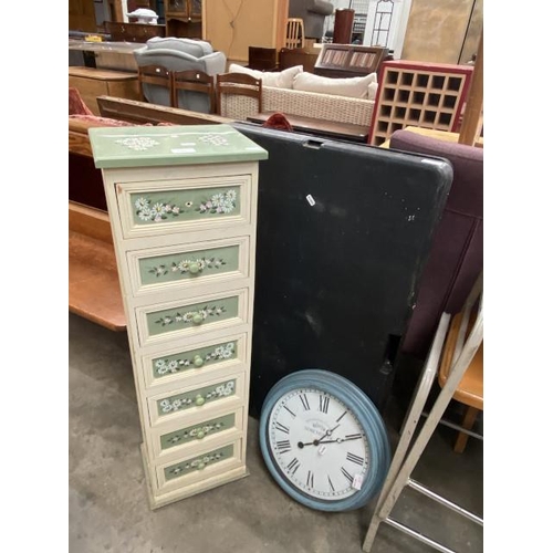 217 - Decoupage 7 drawer chest 96H 28W 22D, Dorchester clock & a folding plastic trestle table