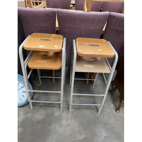 218 - 4 vintage stacking school laboratory stools 58H (one seat has been replaced)