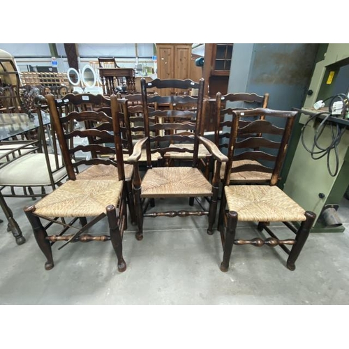 221 - 7 assorted Yorkshire oak, rush seated chairs