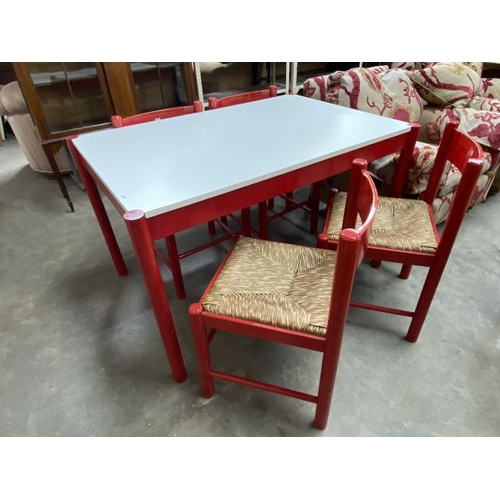 237 - Retro red & white dining table 75H 80W 120D & 4 rush seated chairs