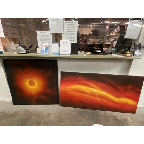 239 - 2 oil on canvas 'Sunset' 77 x 152cm & 'Vortex' 100 x 100cm