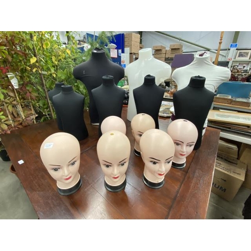 264 - 2 male form 73H & 1 female form 66H table top mannequins, 5 child table top mannequins and 6 wig dis... 