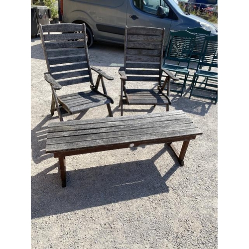 280 - 2 teak garden chairs 62W and a teak garden table 43H 130W 40D