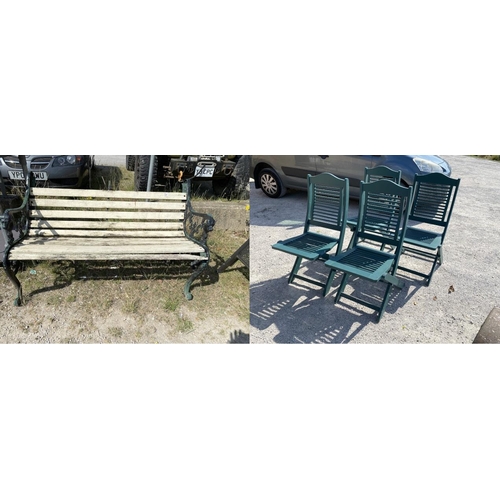 282 - Cast metal and wood garden bench 135W & 4 Firman folding garden chairs