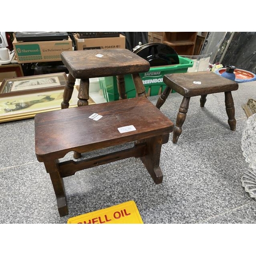 288 - Three stools inc. two 19th century milking stools, sizes 30W 20H 17D, 25W 27H 20D & 22W 19H 17D