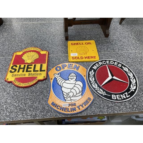 289 - 4 cast signs, Mercedes, 2 Shell & Michelin