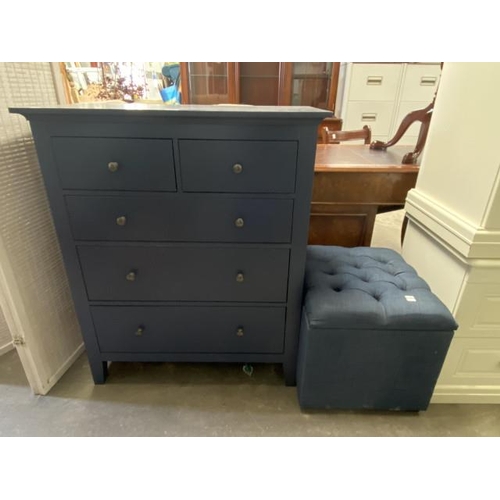 29 - Blue 2 over 3 chest of drawers 100H 84W 42D and a blue upholstered box footstool 44H 50W 45D