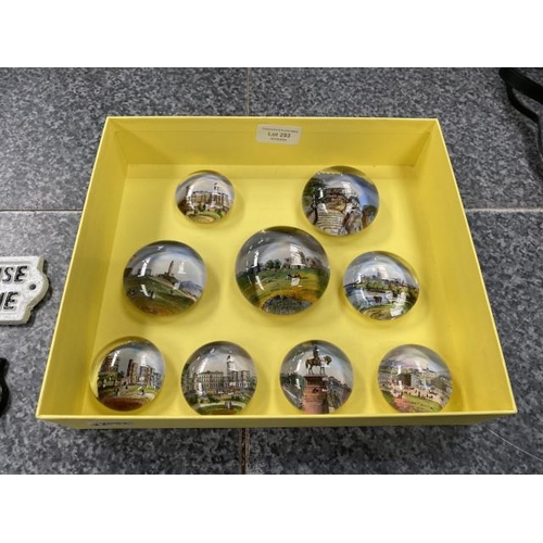 293 - 9 vintage domed top glass paperweights