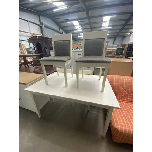 33 - Rodger’s of York ivory white dining table 76H 140W 90D and 4 chairs with grey upholstery