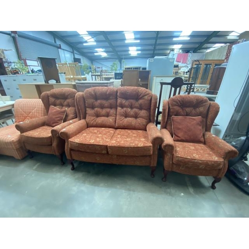 35 - Terracotta chenille upholstered 3 piece cottage suite (settee 130W, 2 chairs 74W & 80W)