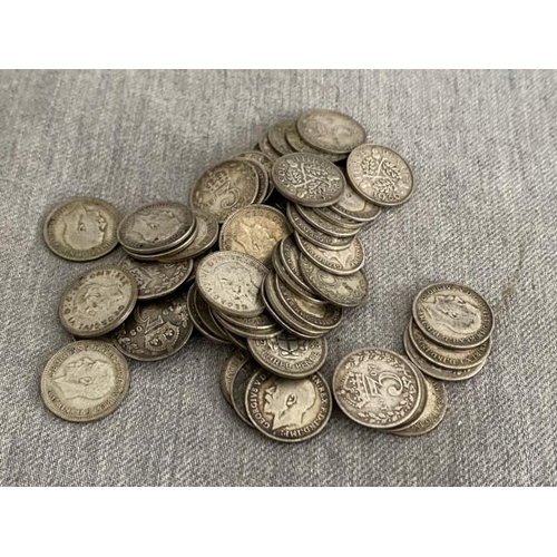 383 - Bag of mixed three pence pieces inc. Victoria, George V, George VI, 80g