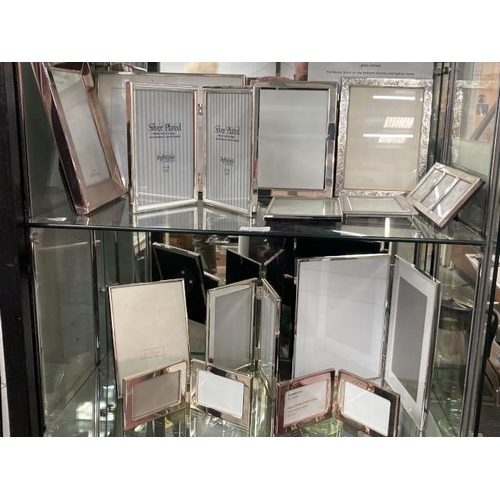 398 - 13 picture frames inc. silver Carrs Sheffield 21.5x8cm, Royal Selangor pewter etc.