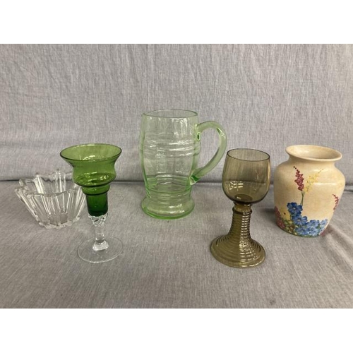 400 - Radford vase, uranium glass jug, olive green 60's wine glass etc.