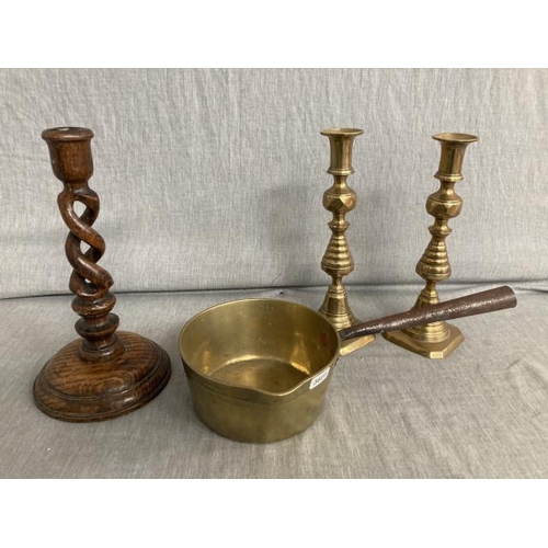 403 - Brass jam pan, pair of brass candlesticks & open barley twist oak candlestick