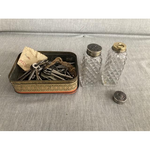 407 - Pair of cut glass scent bottles with cork stoppers & a tin of mixed keys