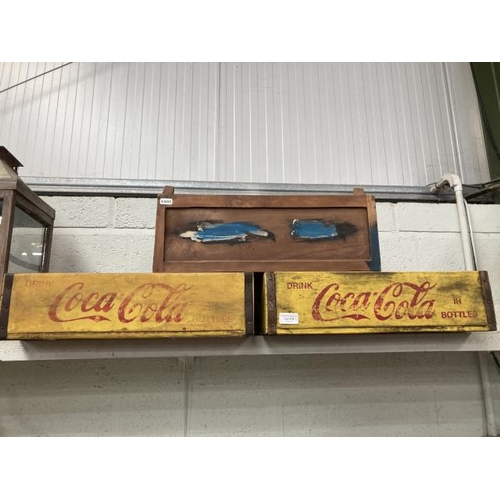 410 - 2 repro wooden Coca-Cola crates 48W 12H 31D & a single wooden storage crate 47W 17H 32D