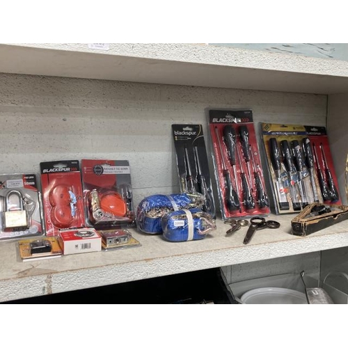 415 - Tools- ratchets & straps, padlocks, 4 piece wood chisel set, screwdriver set, dress makers scissors ... 