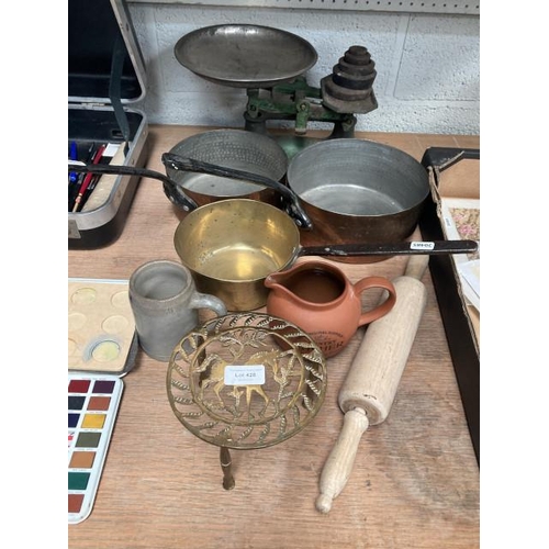 428 - Brass sauce pan, 2 vintage copper sauce pans, cast scales & weights etc.