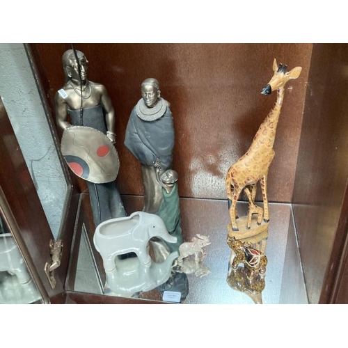 441 - 2 African figurines, soapstone elephant, carved giraffe, elephant planter etc.