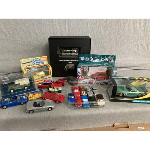 448 - Box of model/ play worn vehicles inc. Corgi 50th Anniversary Land Rover, boxed 1941 'When It All Beg... 