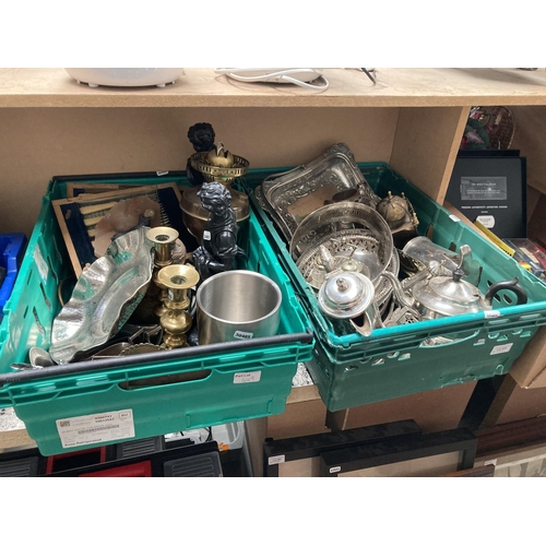 449 - 2 crates of metalwares inc. silver plated tea set, brass candlesticks, spelter figures, pewter dish ... 