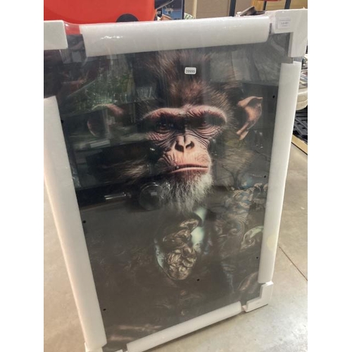 451 - Tempered glass wall art of a chimpanzee in a suit. NEW 90H 60W