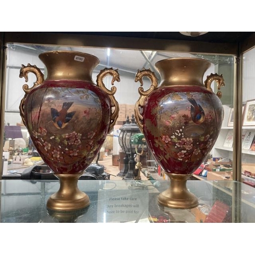 455 - Pair of hand painted two handled vases (One as seen)