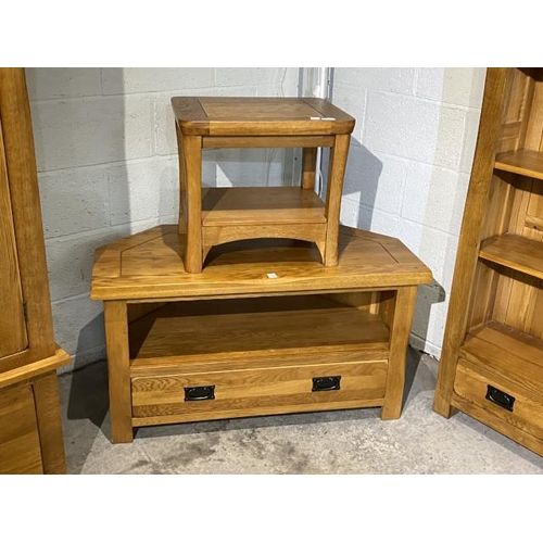 47 - Oak Furniture Land media stand 56H 102W 50D and a matching lamp table 45H 50W 40D