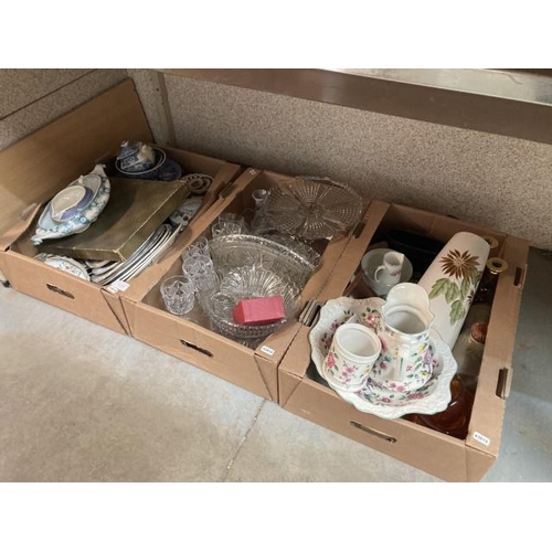 492 - 3 boxes of glassware, pair of brass candlesticks, pottery, stoneware hot water bottle etc.