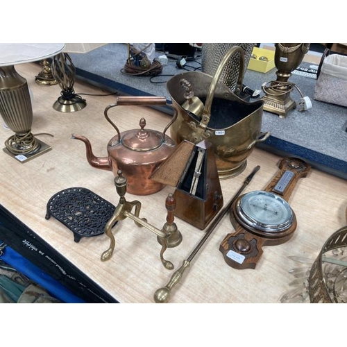 503 - Brass coal scuttle and bell, copper kettle, oak cased wall barometer, Maezel Swiss metronome etc