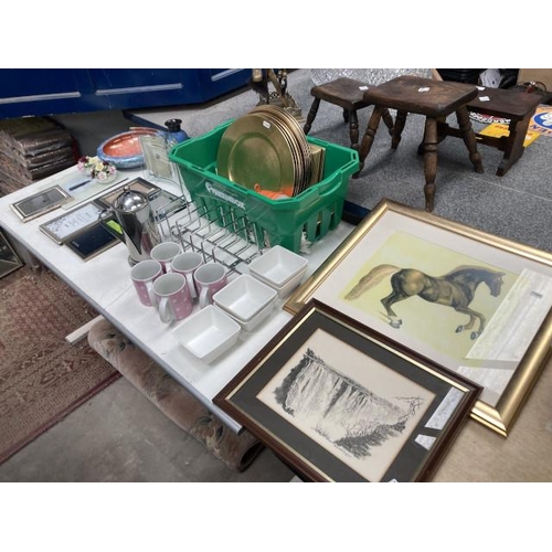 505 - Gilt framed print of rearing horse, 8 photo frames including silver plate, Royal Doulton and Aynsley... 