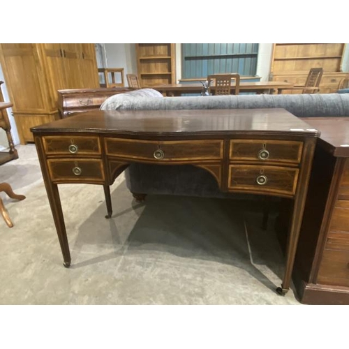 60 - George III style mahogany inlaid serpentine desk 72H 105W 54D