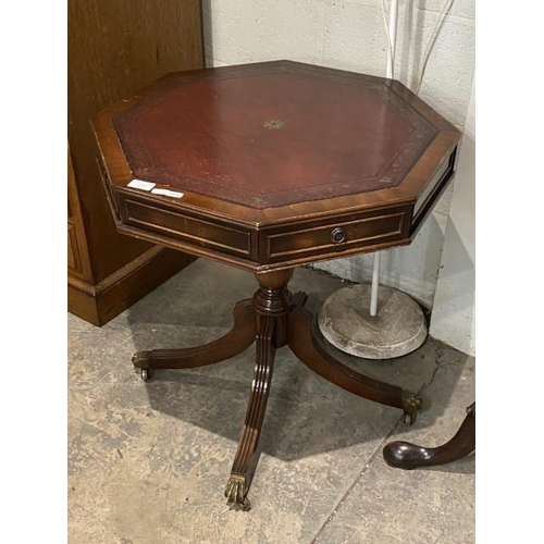 66 - Bevan & Funnell mahogany revolving drum table with red leather inset 66H 61W 61D