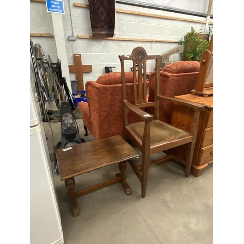 87 - Country oak carver chair 60W & an oak occasional table 43H 58W 38D