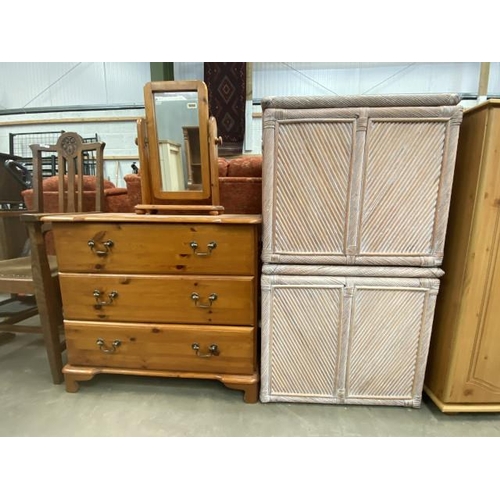 88 - Pine 3 drawer chest 75H 85W 41D and a pine dressing table mirror & 2 bamboo linen boxes 58H 64W 46D