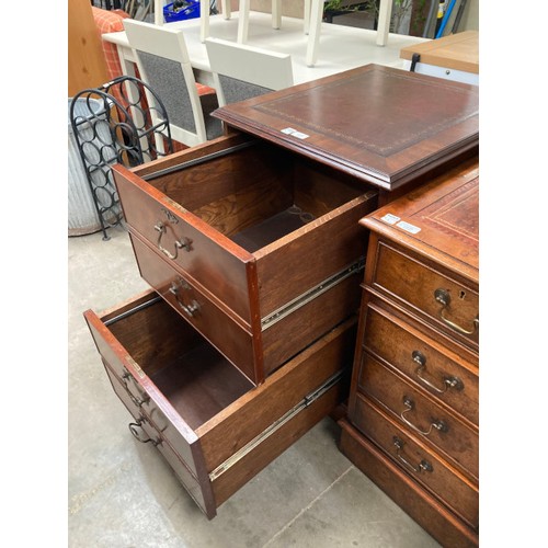 92 - Mahogany 2 drawer filing cabinet with red leather inset and 1 key 81H 56W 63D