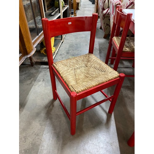 237 - Retro red & white dining table 75H 80W 120D & 4 rush seated chairs