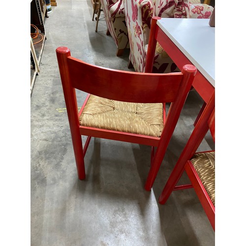 237 - Retro red & white dining table 75H 80W 120D & 4 rush seated chairs