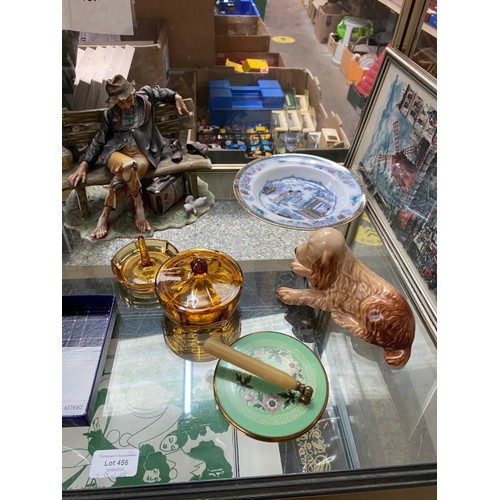 456 - 2 shelves of collectables inc. coral, 2 Ronson table lighters, Edinburgh crystal clock, Sylvac dog, ... 