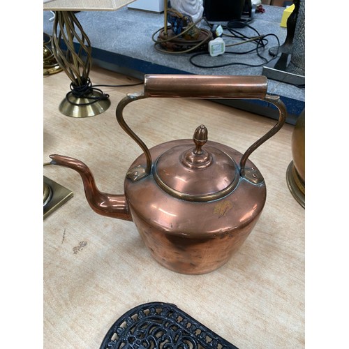 503 - Brass coal scuttle and bell, copper kettle, oak cased wall barometer, Maezel Swiss metronome etc