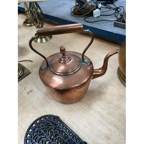 503 - Brass coal scuttle and bell, copper kettle, oak cased wall barometer, Maezel Swiss metronome etc