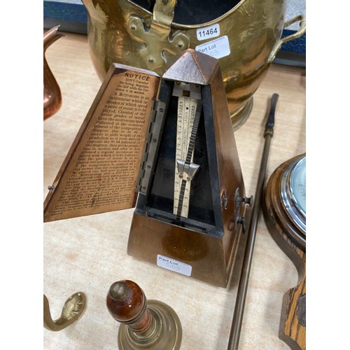 503 - Brass coal scuttle and bell, copper kettle, oak cased wall barometer, Maezel Swiss metronome etc