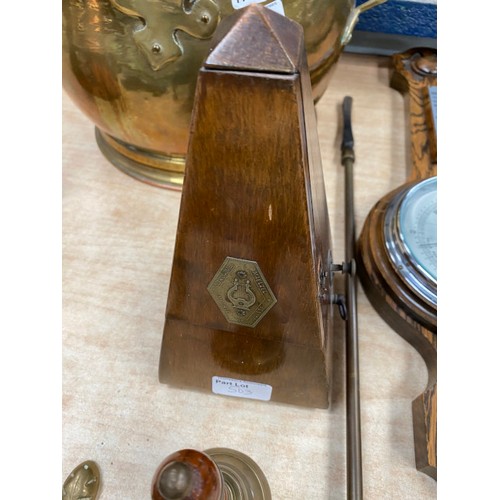 503 - Brass coal scuttle and bell, copper kettle, oak cased wall barometer, Maezel Swiss metronome etc