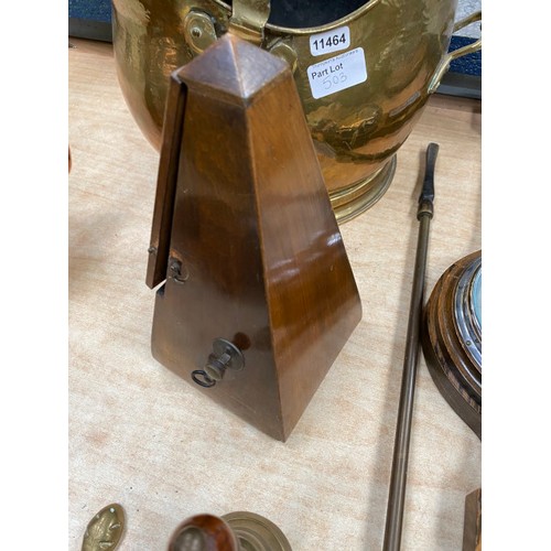 503 - Brass coal scuttle and bell, copper kettle, oak cased wall barometer, Maezel Swiss metronome etc