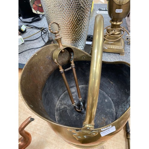 503 - Brass coal scuttle and bell, copper kettle, oak cased wall barometer, Maezel Swiss metronome etc