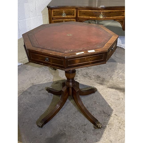 102 - Bevan & Funnell mahogany revolving drum table with red leather inset 66H 61W 61D