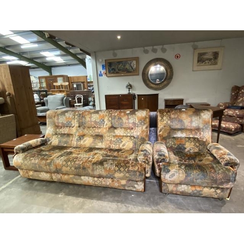 114 - Mid century teak framed G Plan 8100D Wayfarer armchair 84W and settee 186W both upholstered in origi... 