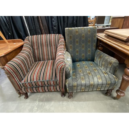 135 - Edwardian upholstered chair 71W & an Edwardian upholstered chair with brass castors 70W