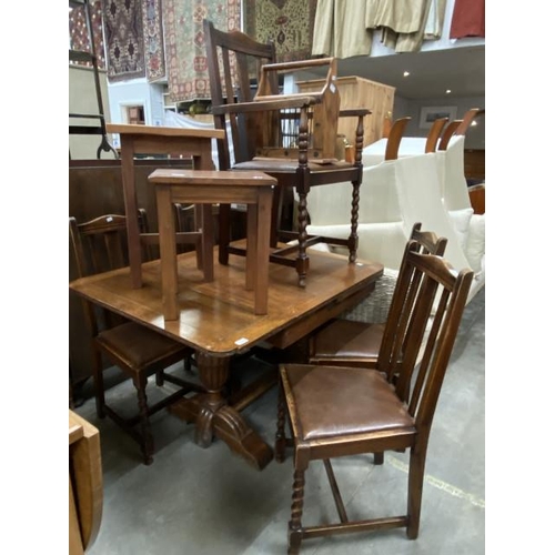 143 - Edwardian oak drop leaf table with bulbous legs, 5 oak barley twist dining chairs (including one car... 